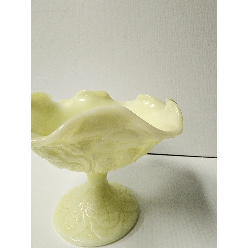 Vintage Fenton Yellow  Water Lilly Scalloped Edge Compote on Pedestal